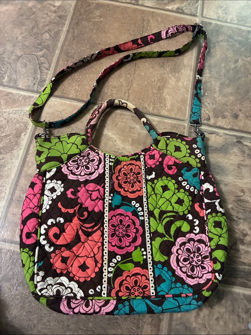 Vera Bradley Quilted Floral Tote in Black, Pink, Green, Turquoise